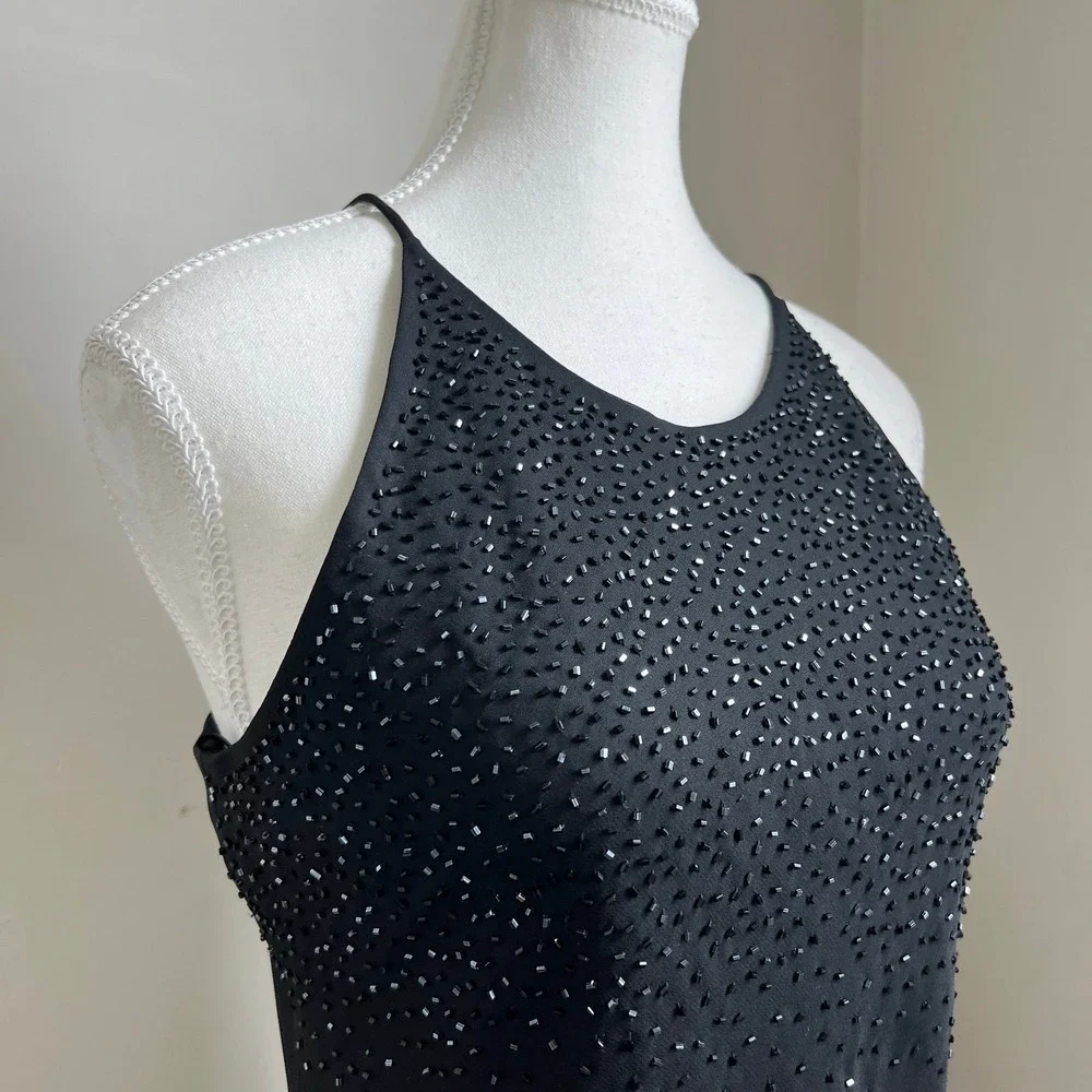 Vintage 90s black beaded formal midi‎ dress Carrie Bradshaw sparkly LBD